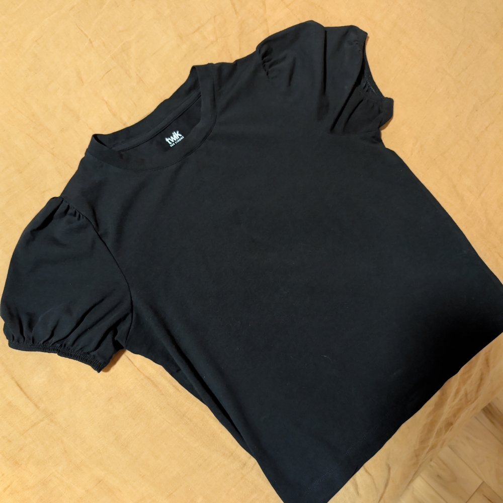 Simon's Twik Black Puff Sleeve Crew Neck Crop Tee Size small Like New